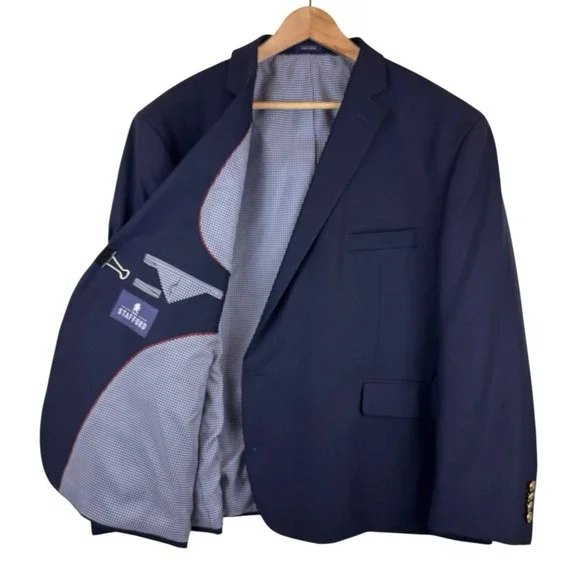 Stafford 54S Short Navy Blue 100% Wool Gold Button Mens Blazer Sport Coat Jacket - Picture 2 of 8